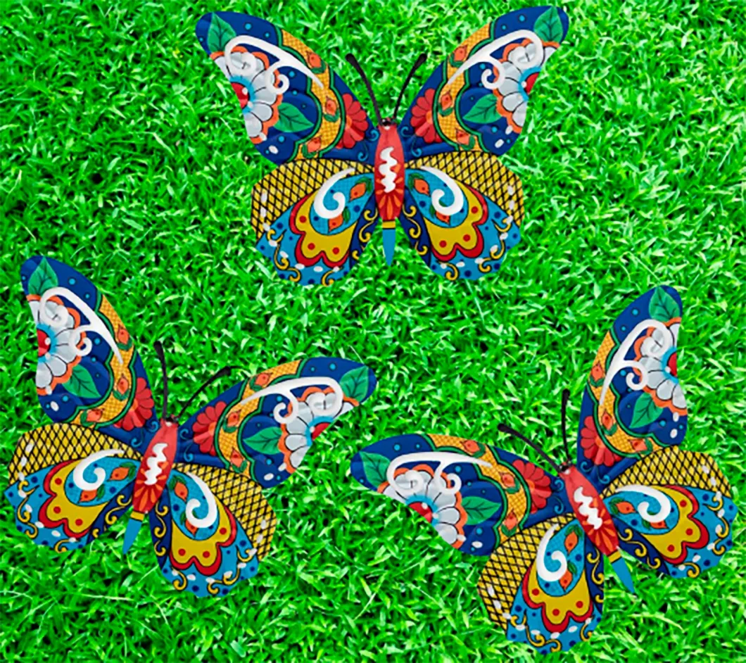 Metal Butterfly Wall Sculpture Colorful Outdoor Wall Art Iron Hannging Decoration Set of 3